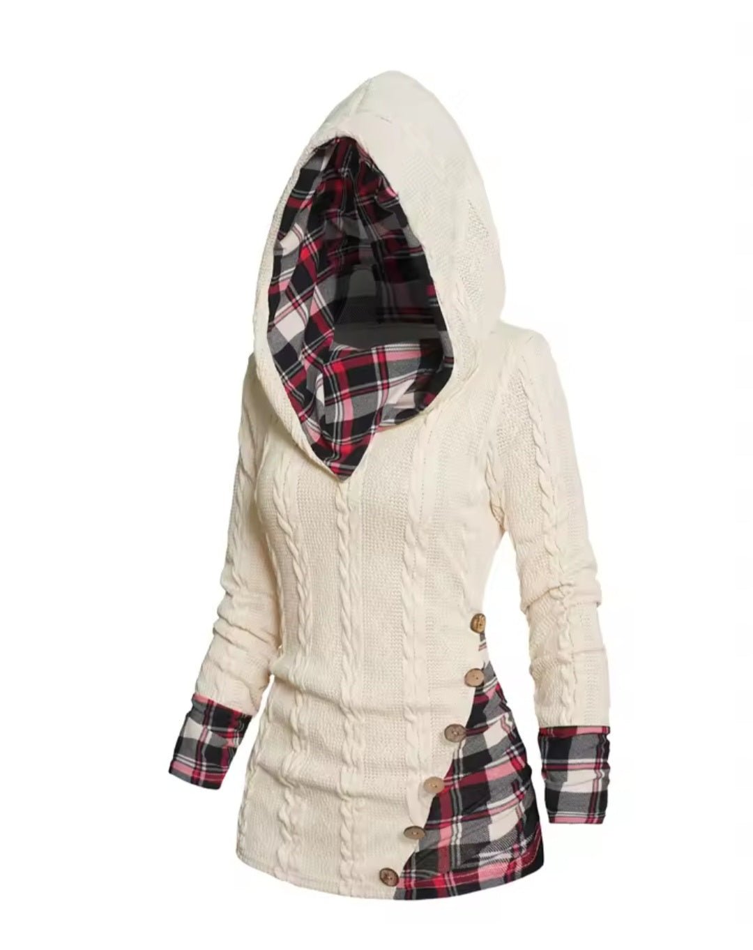 Twisted Cable Knit Plaid Hooded Pullover Sweater – Women's Casual Long Sleeve Top - GLITCH - BELLE