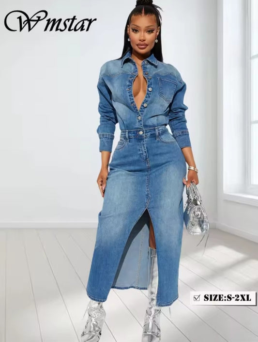 Woman wearing a long denim dress with a white background, featuring the brand 'Wmstar'.