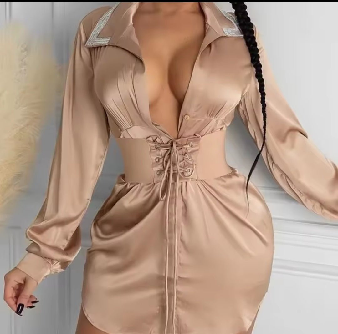 Slim High Waist Bandage Mini Dress – Women's Sexy Long Sleeve Turn - Down Collar Spring Summer Dress - GLITCH - BELLE