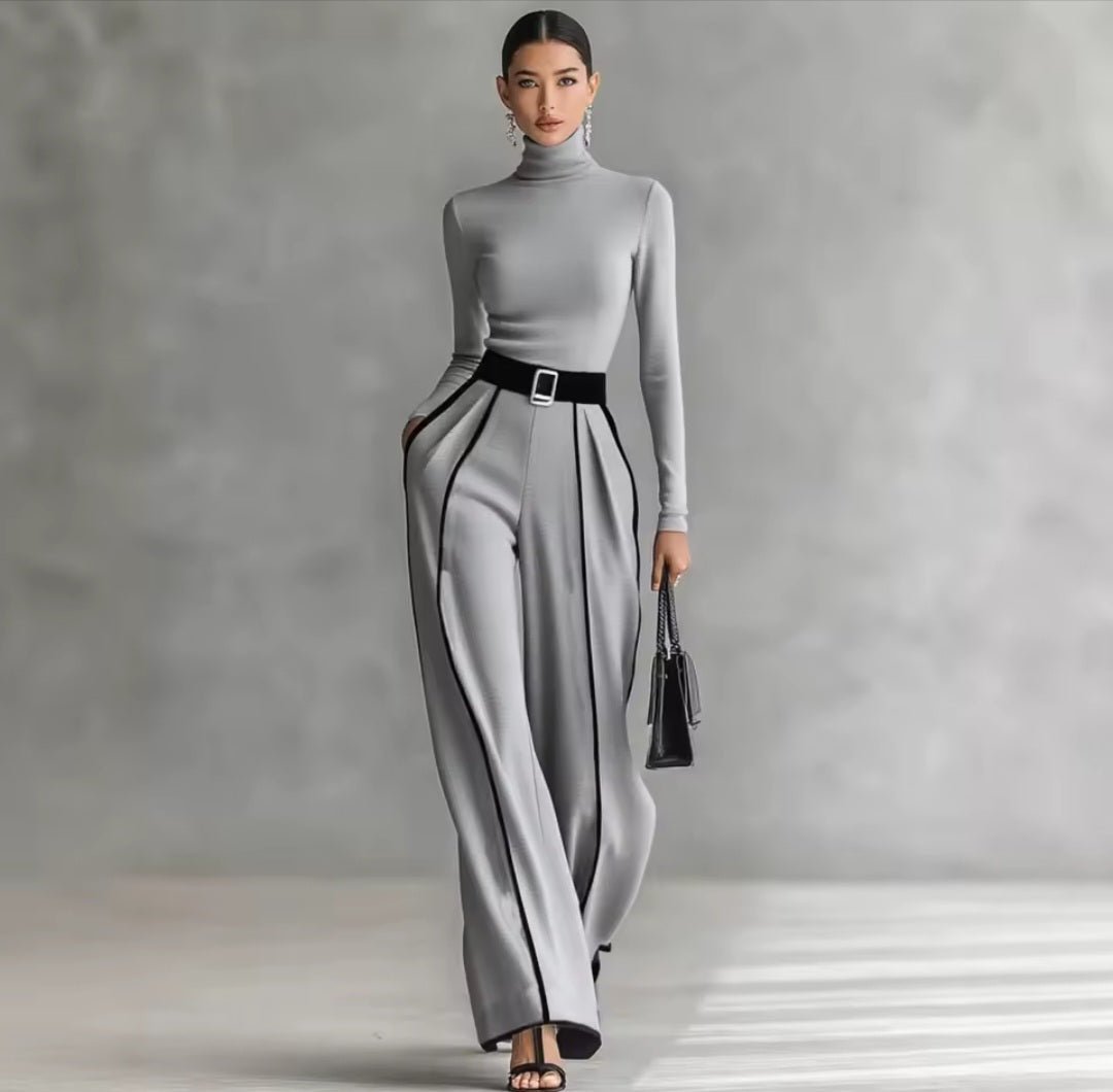 Spring Women's Color Matching Two - Piece Set – High Neck Slim Top & Wide - Leg Pants Suit - GLITCH - BELLE