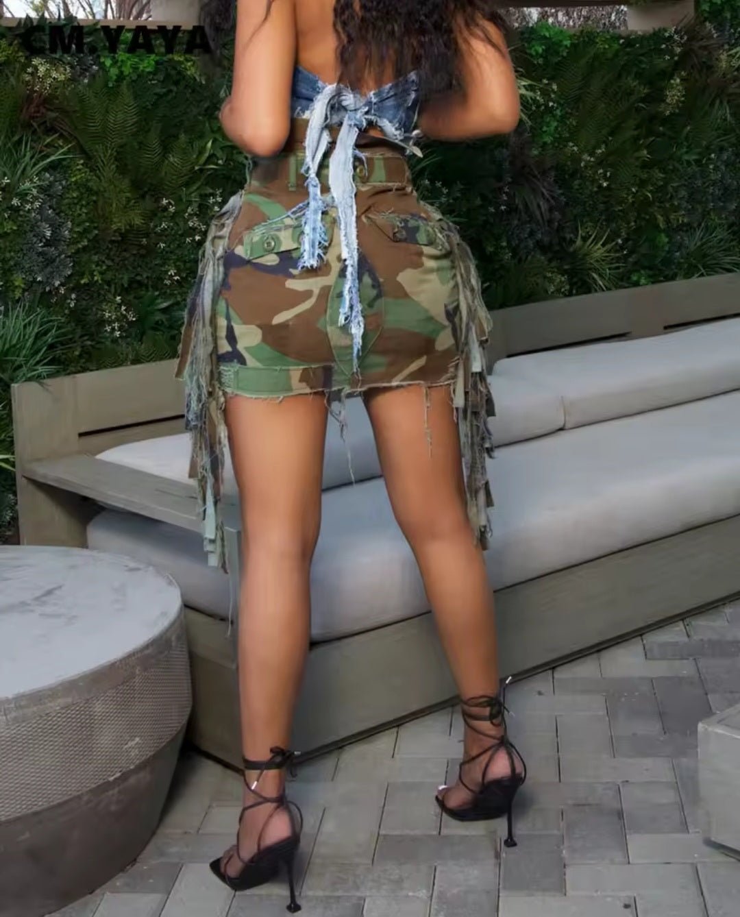 Y2K Camo Tassel Mini Skirt – Women's Camouflage Bodycon Fringe Skirt - GLITCH - BELLE
