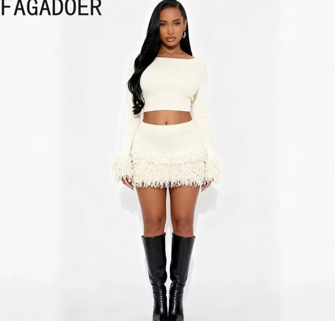 Winter Tassel 2 - Piece Set – Long Sleeve Crop Top & Mini Skirt Streetwear Outfit - GLITCH - BELLE