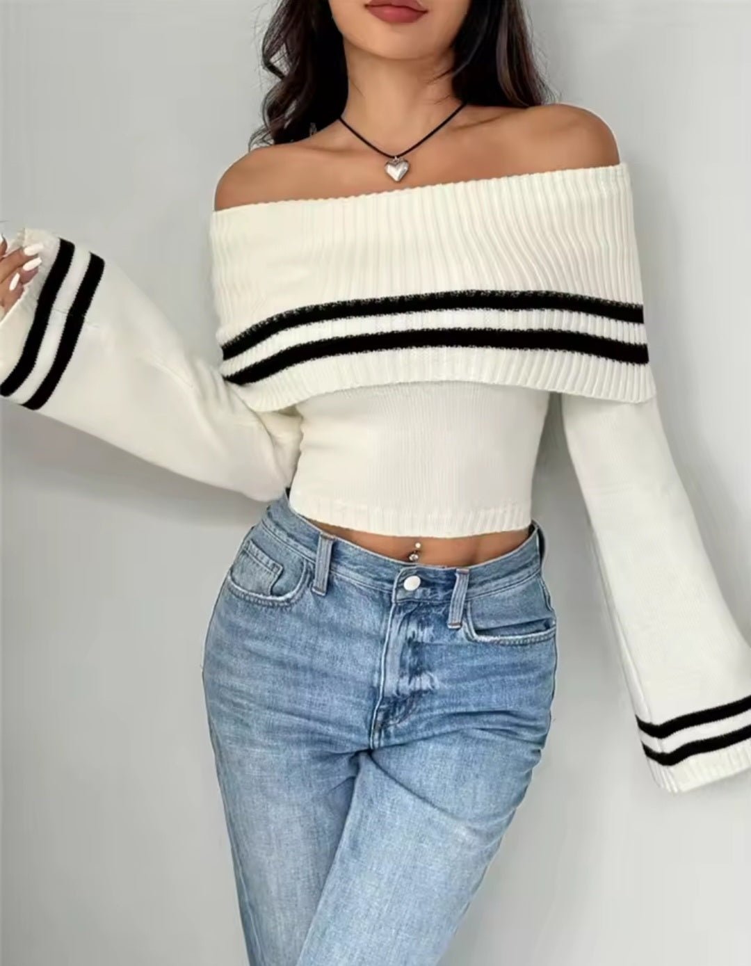 One - Shoulder Bell Sleeve Crop Sweater – Women's Striped Knit Pullover Top - GLITCH - BELLE