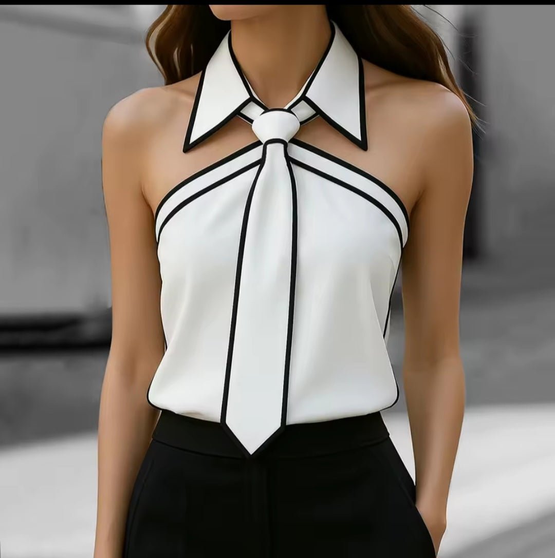 Halter Neck Tie Sleeveless Blouse – Women's Lapel Camisole Tank Top - GLITCH - BELLE