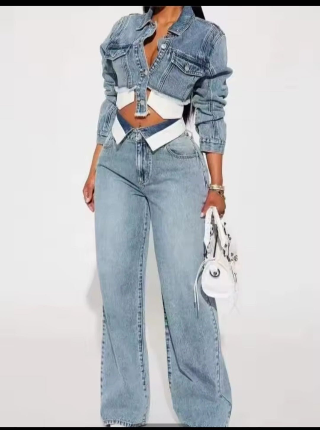 Streetwear Denim 2 - Piece Tracksuit Set | Long Sleeve Jacket & Straight - Leg Jeans - GLITCH - BELLE