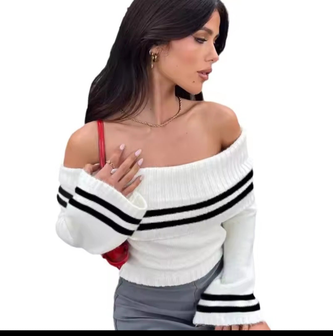 One - Shoulder Bell Sleeve Crop Sweater – Women's Striped Knit Pullover Top - GLITCH - BELLE
