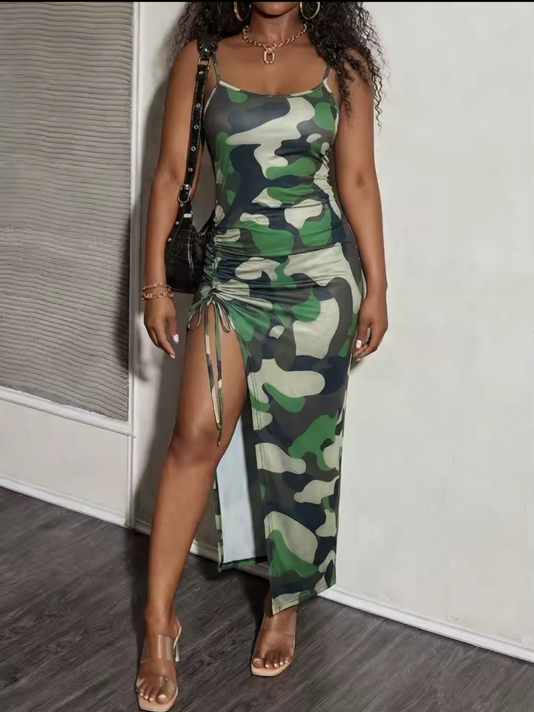 Camo Ruched Slit Maxi Dress | Spaghetti Strap Bodycon Sundress