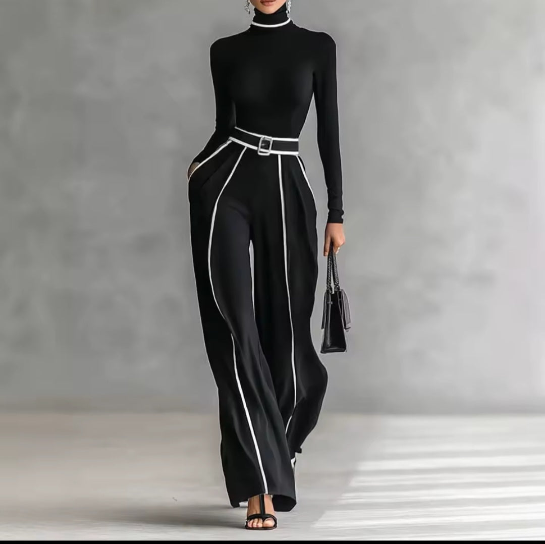 Spring Women's Color Matching Two - Piece Set – High Neck Slim Top & Wide - Leg Pants Suit - GLITCH - BELLE