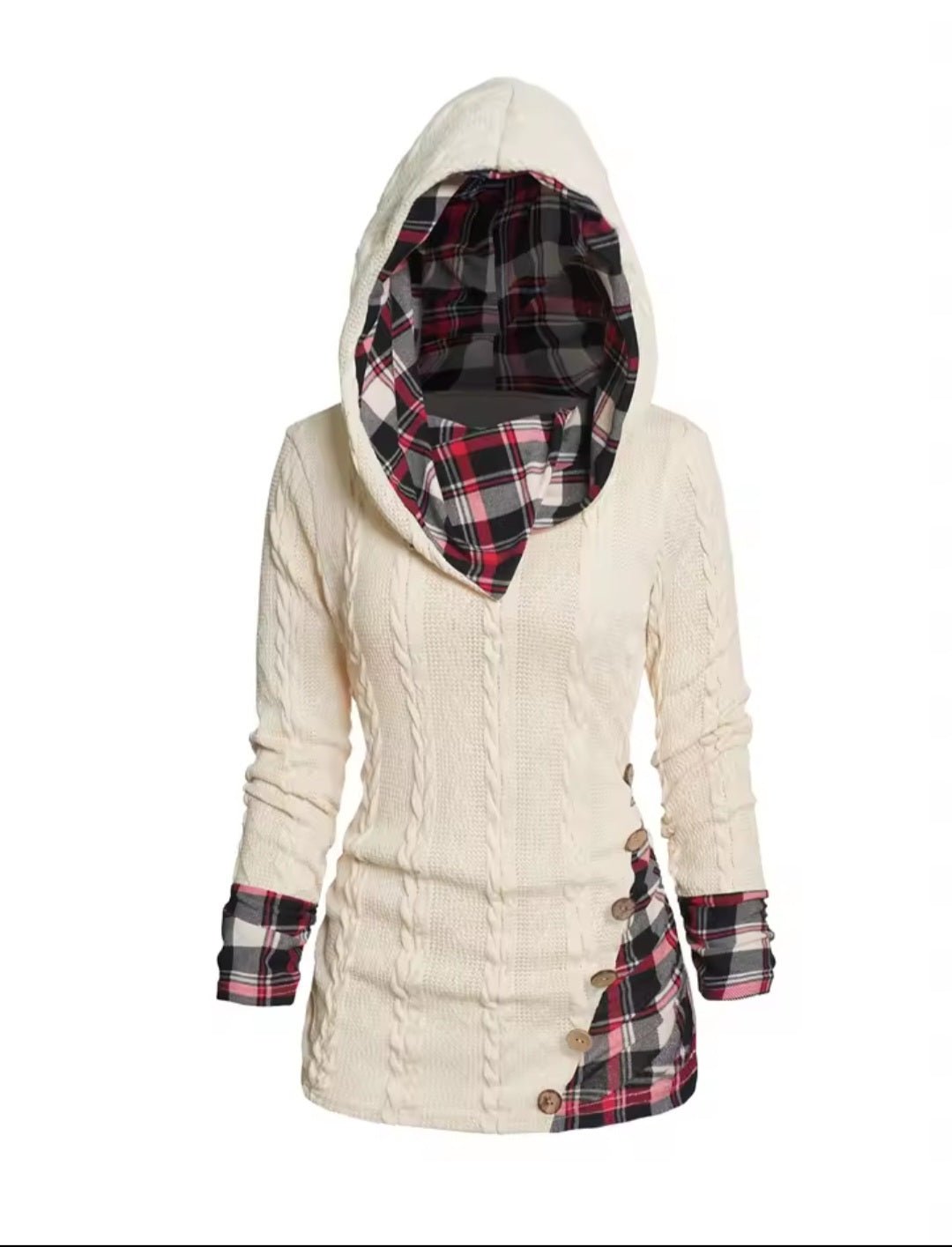 Twisted Cable Knit Plaid Hooded Pullover Sweater – Women's Casual Long Sleeve Top - GLITCH - BELLE