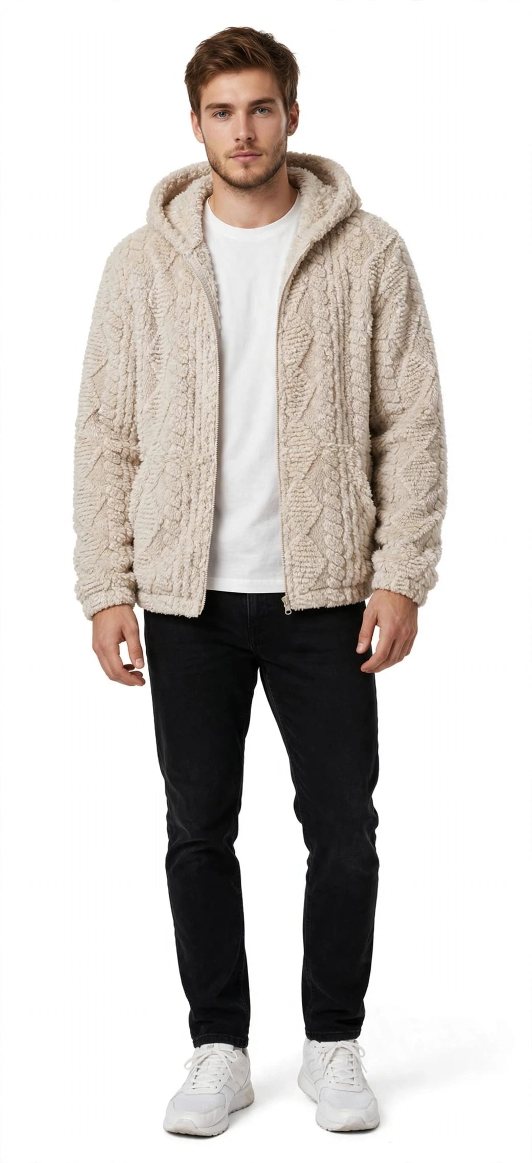 Jacquard Plush Zip-Up Hoodie Cardigan – Men's