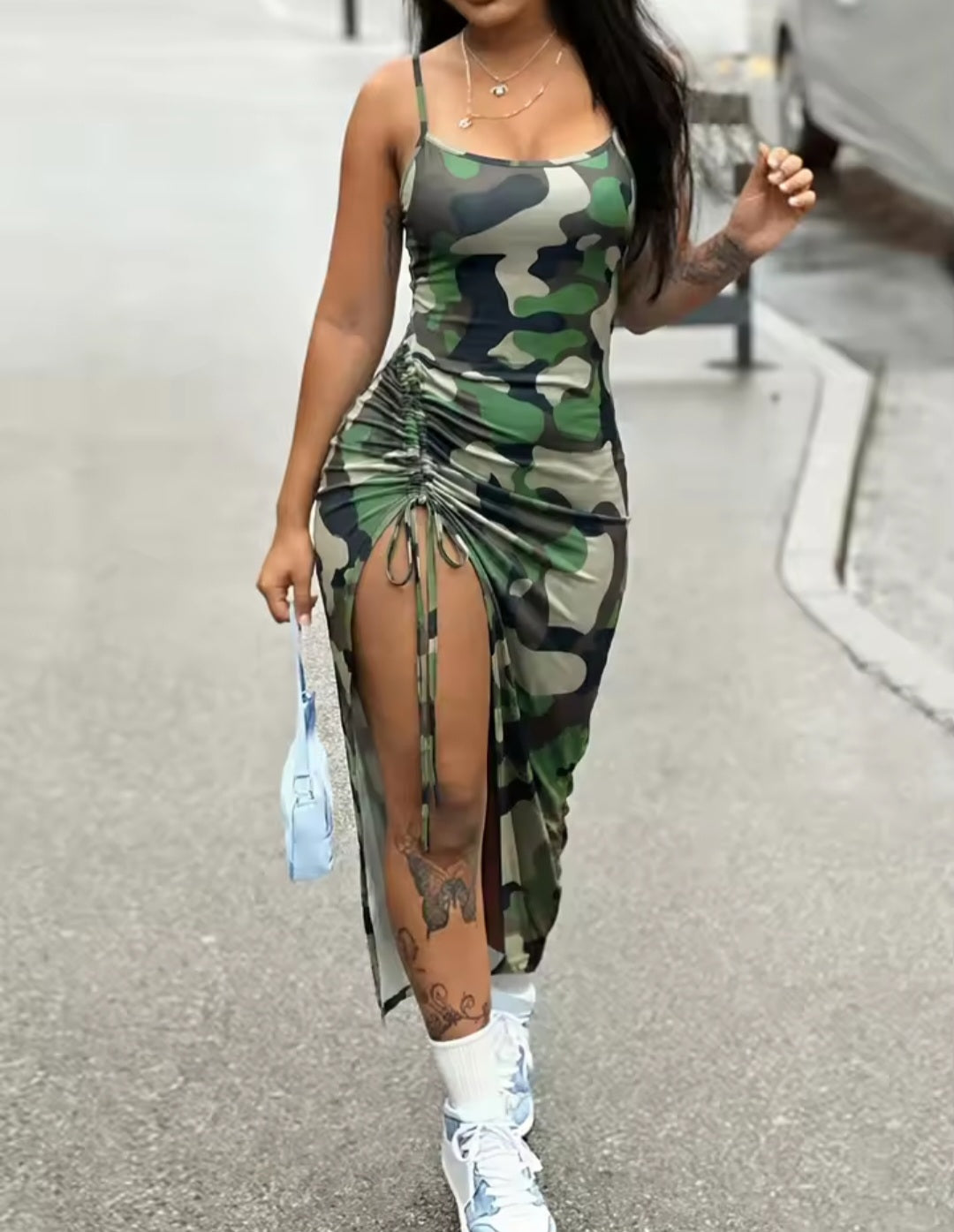 Camo Ruched Slit Maxi Dress | Spaghetti Strap Bodycon Sundress