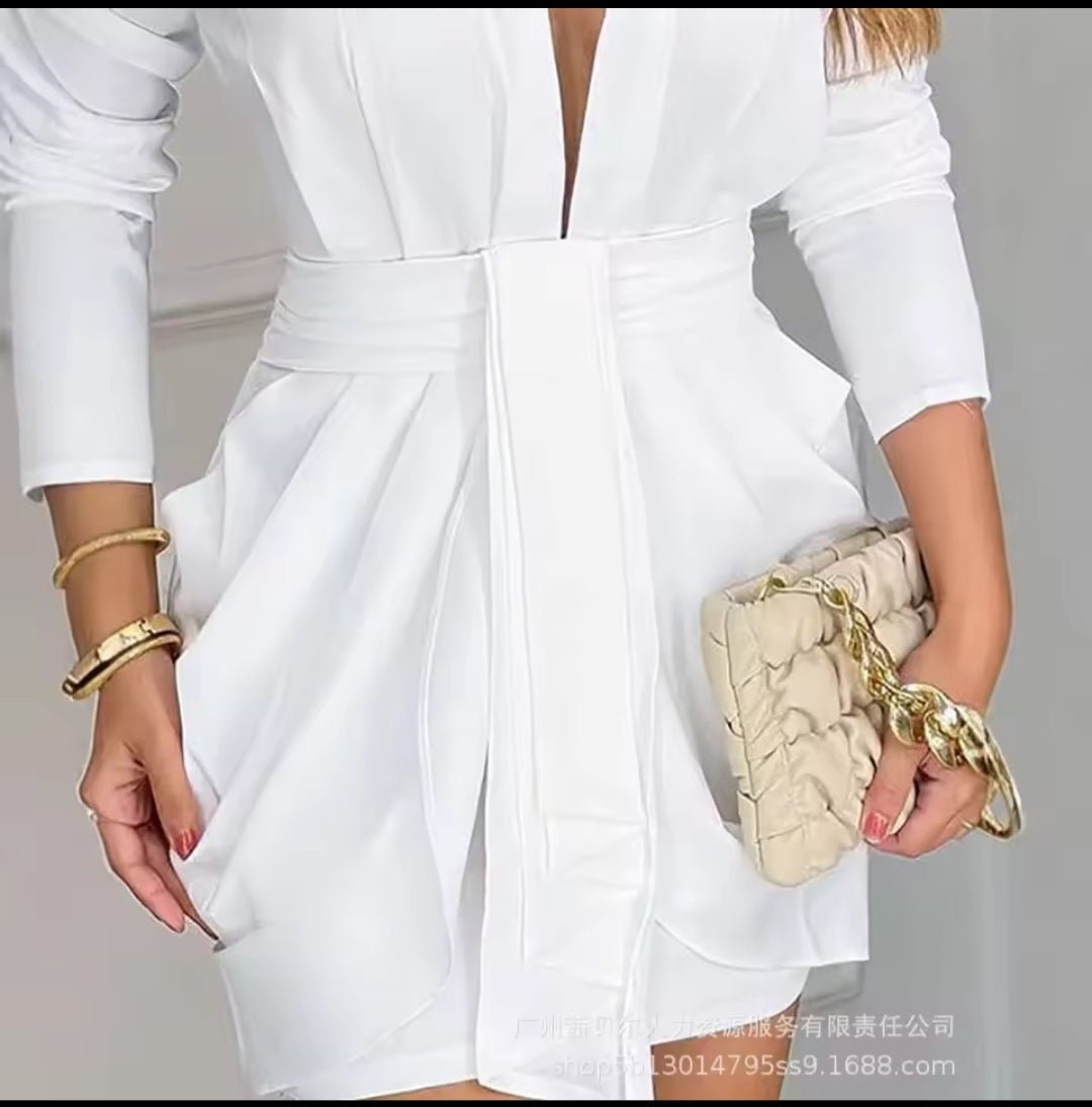 Long Sleeve Splice High Waist Mini Dress – Women's V - Neck A - Line Solid Folds Elegant Lady Dress - GLITCH - BELLE