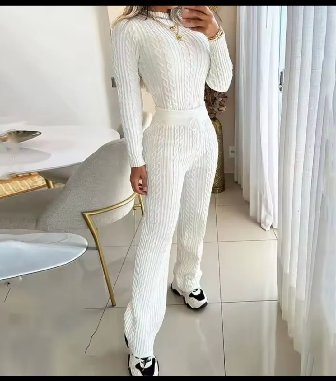 Knitted Women's Slim Long Slee Sweater 2 - Piece Set –ve Crop Top & Pants Suit - GLITCH - BELLE