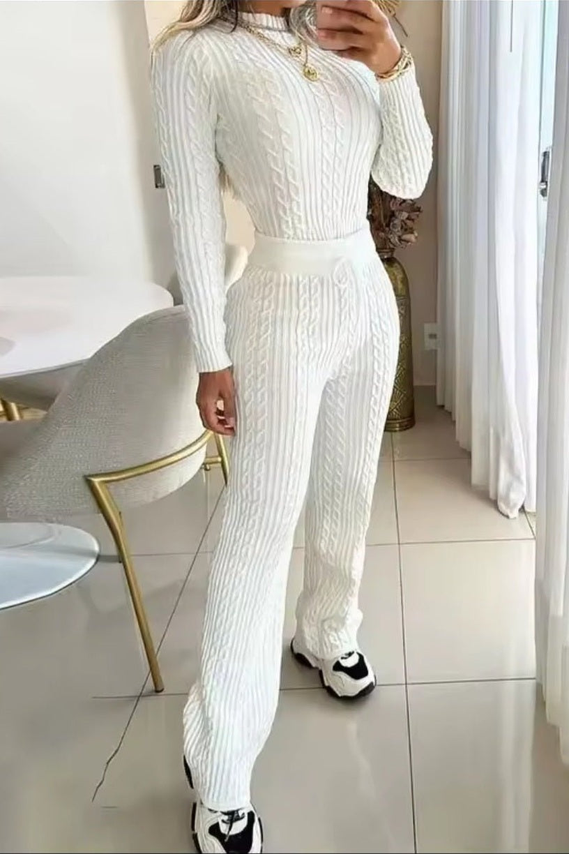 Knitted Women's Slim Long Slee Sweater 2-Piece Set –ve Crop Top & Pants Suit - GLITCH-BELLE