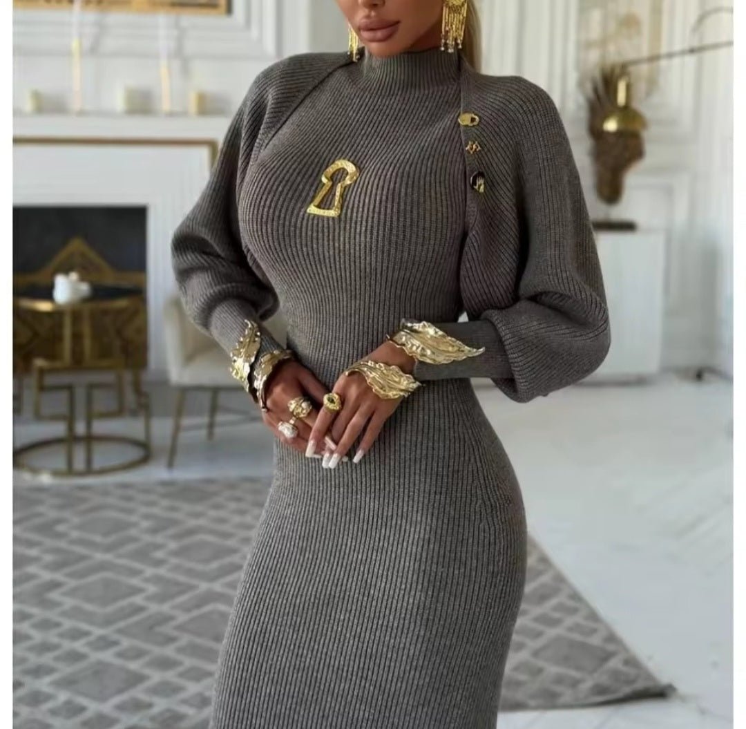 VGH Two Piece Set for Women Stand Collar Sleeveless High Waist Bodycon Vest Dress with Long Sleeve Coat Knitted Suit Female - GLITCH - BELLE