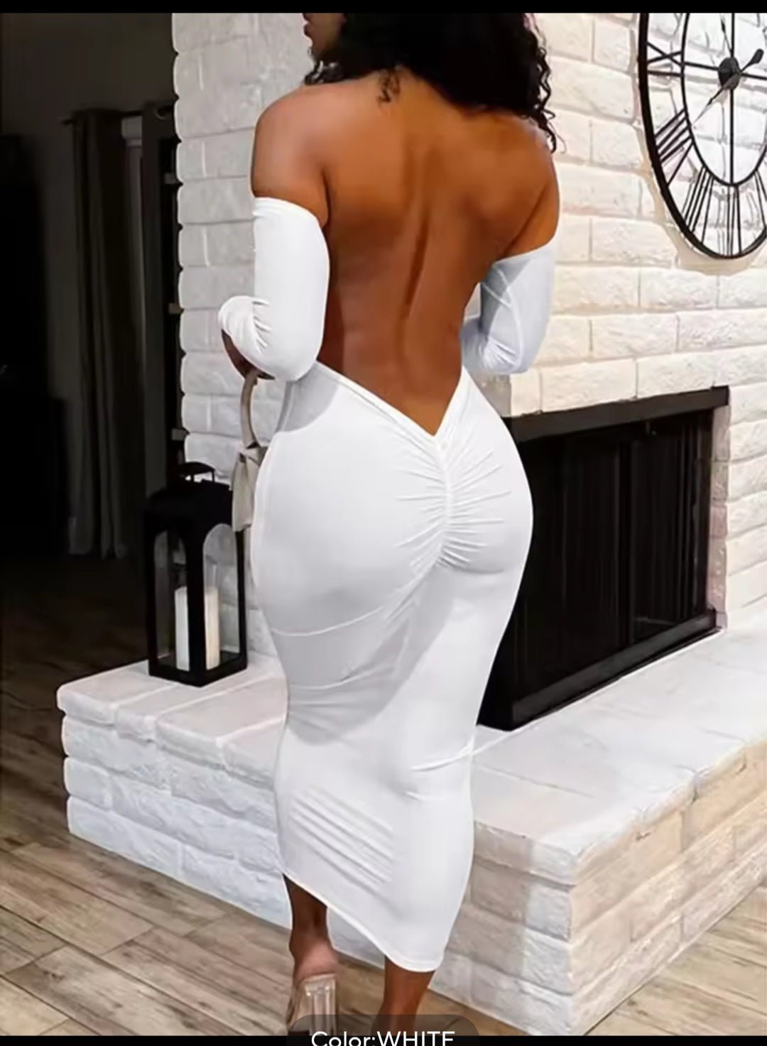 Sexy Deep V Backless Pleating Slim Bodycon Long Dress - GLITCH - BELLE
