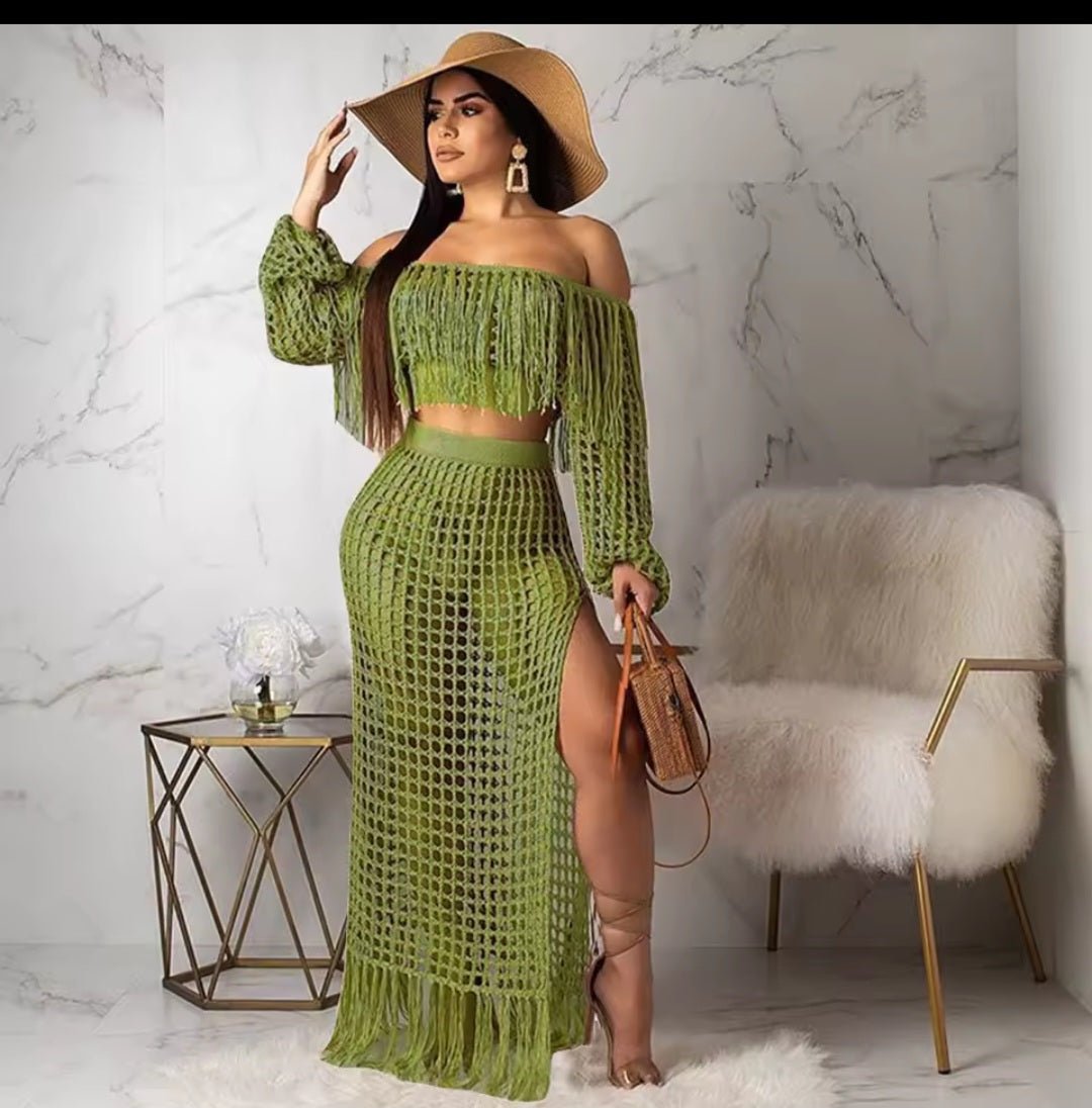 Skirt 2 Piece Set Women Beach Long Skirts Suit Top Off Shoulder Tassels Sexy Hollow Out Ensemble 2025 Summer Female Outfits - GLITCH - BELLE