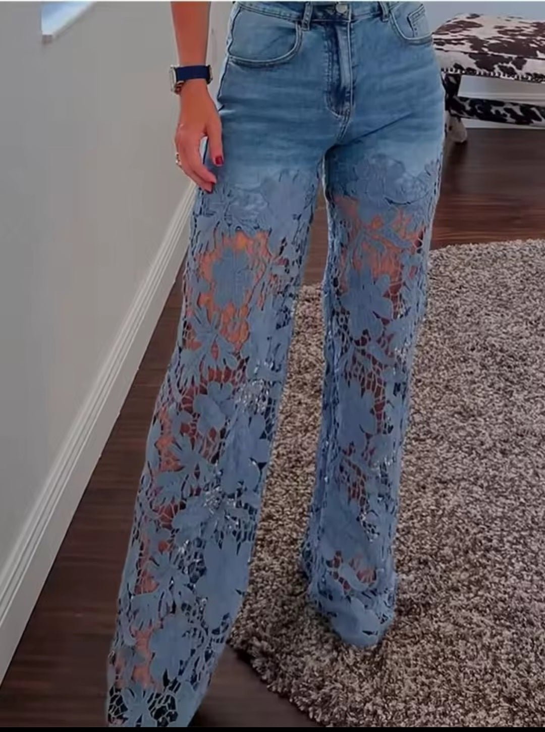 Women's Lace Cut - Out High Waist Wide Leg Denim Pants - GLITCH - BELLE