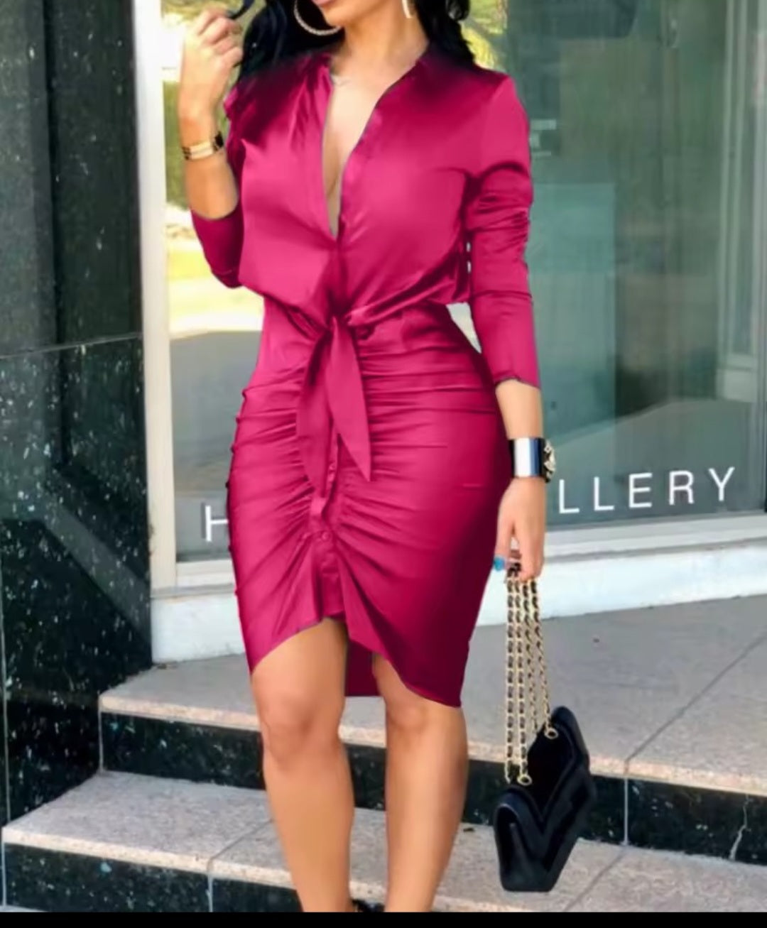 V-Neck Long Sleeve Wrap Midi Dress