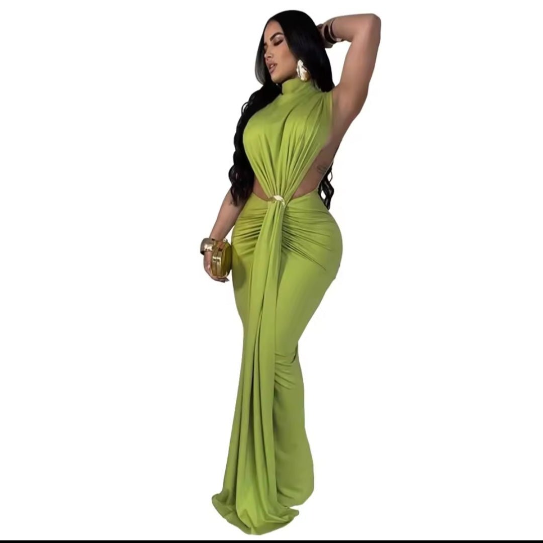 Women's O - Neck High Split Ruched Bodycon Maxi Dress - Evening Party Club - GLITCH - BELLE
