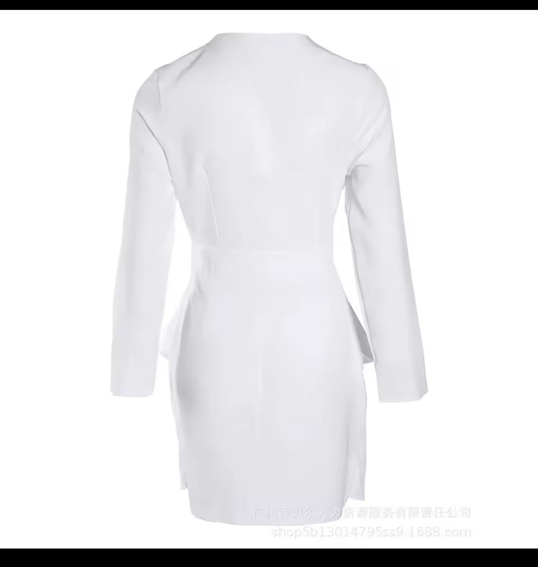 Long Sleeve Splice High Waist Mini Dress – Women's V - Neck A - Line Solid Folds Elegant Lady Dress - GLITCH - BELLE