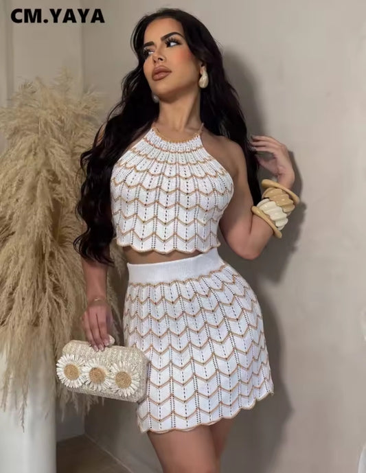 Hot Style Summer Sleeveless Skirt Set – Casual Sexy Beach Boho Knitted 2-Piece Suit