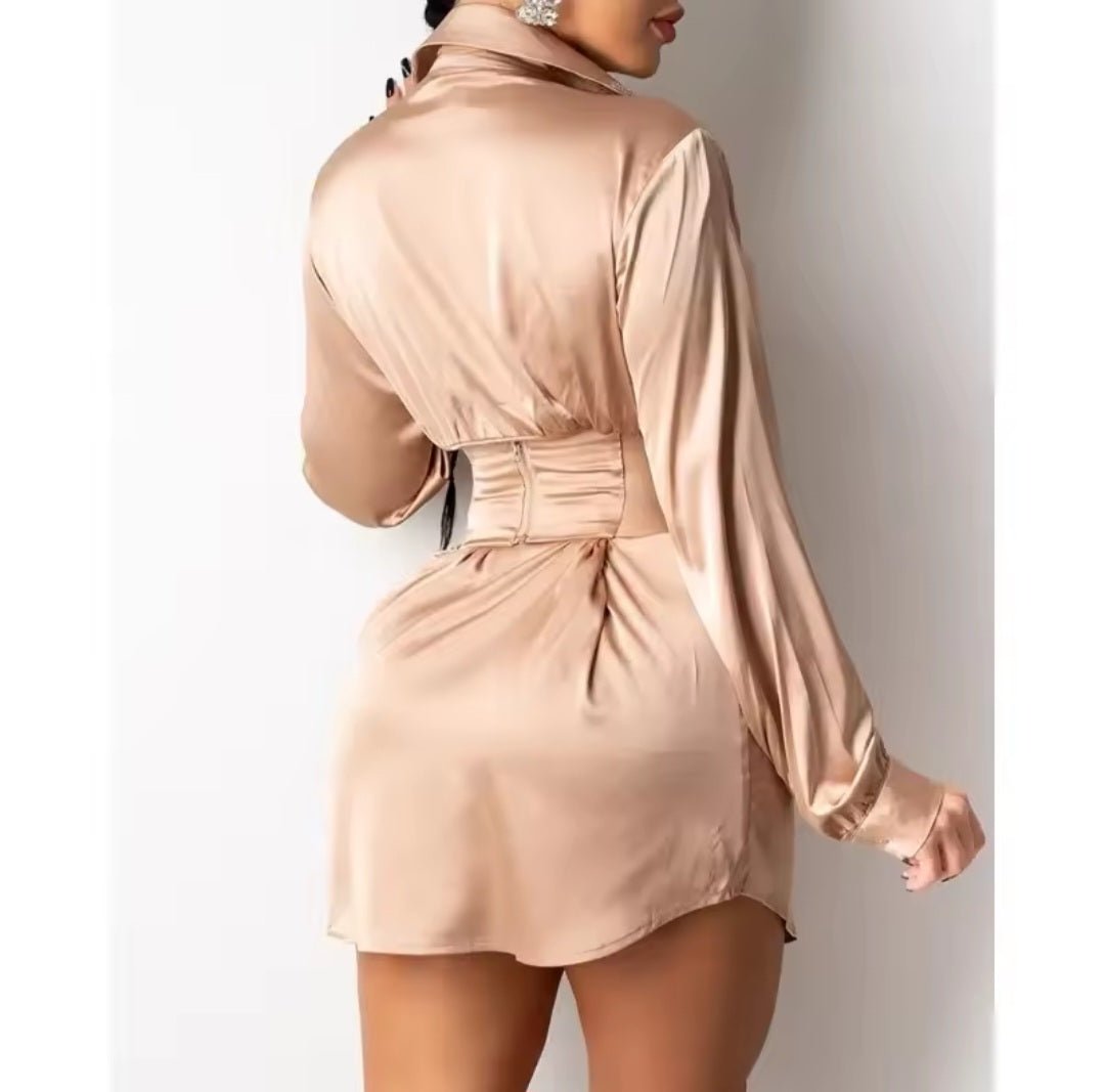 Slim High Waist Bandage Mini Dress – Women's Sexy Long Sleeve Turn - Down Collar Spring Summer Dress - GLITCH - BELLE