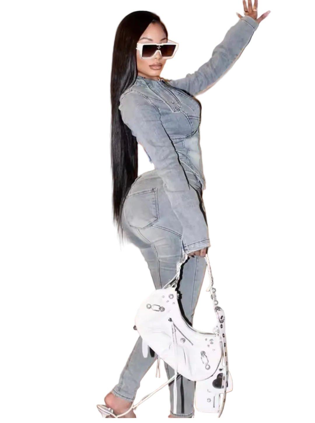Denim Hipster 2 - Piece Set | Irregular Jacket & High - Waist Trousers - GLITCH - BELLE