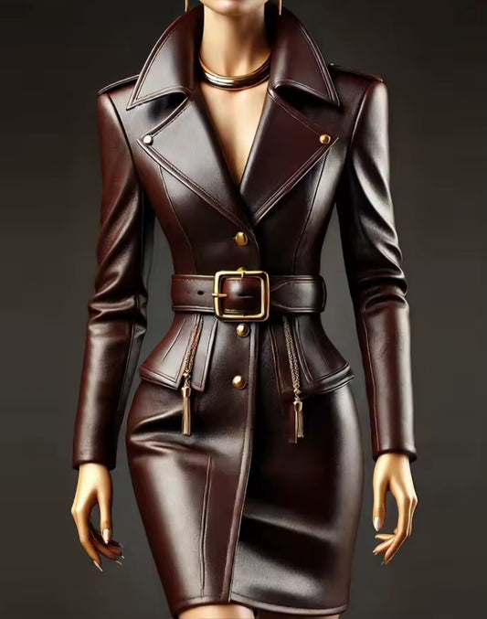 Brown leather outfit with gold accents on a dark background