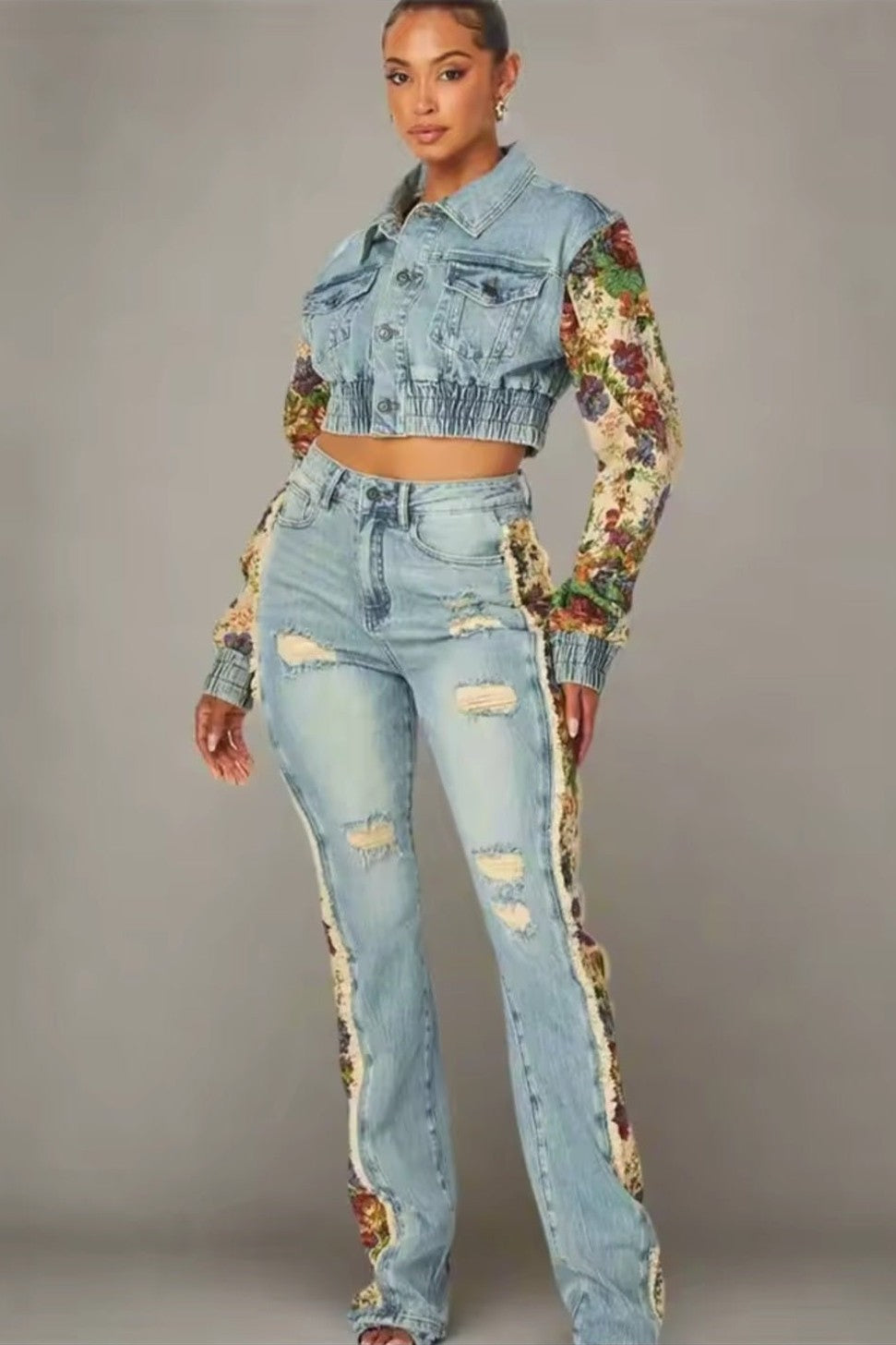 GLITCH-BELLE Women's Flower Print Y2K Denim Two-Piece Jeans Suit - GLITCH-BELLE