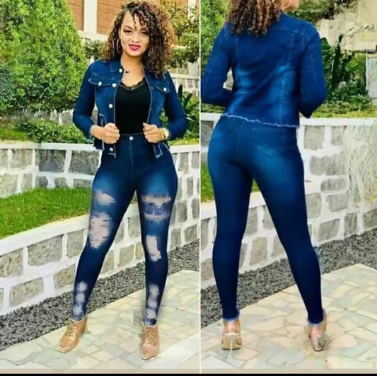 Woman wearing a blue denim outfit with a matching jacket and leggings, standing outdoors.