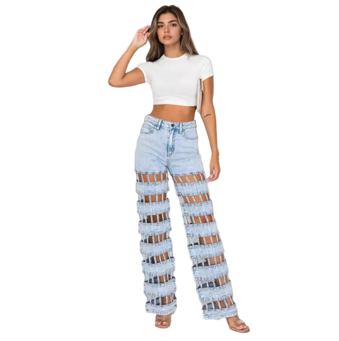 Fashion Hollow Out Denim Pants – High Waist Wide Leg Streetwear Jeans
