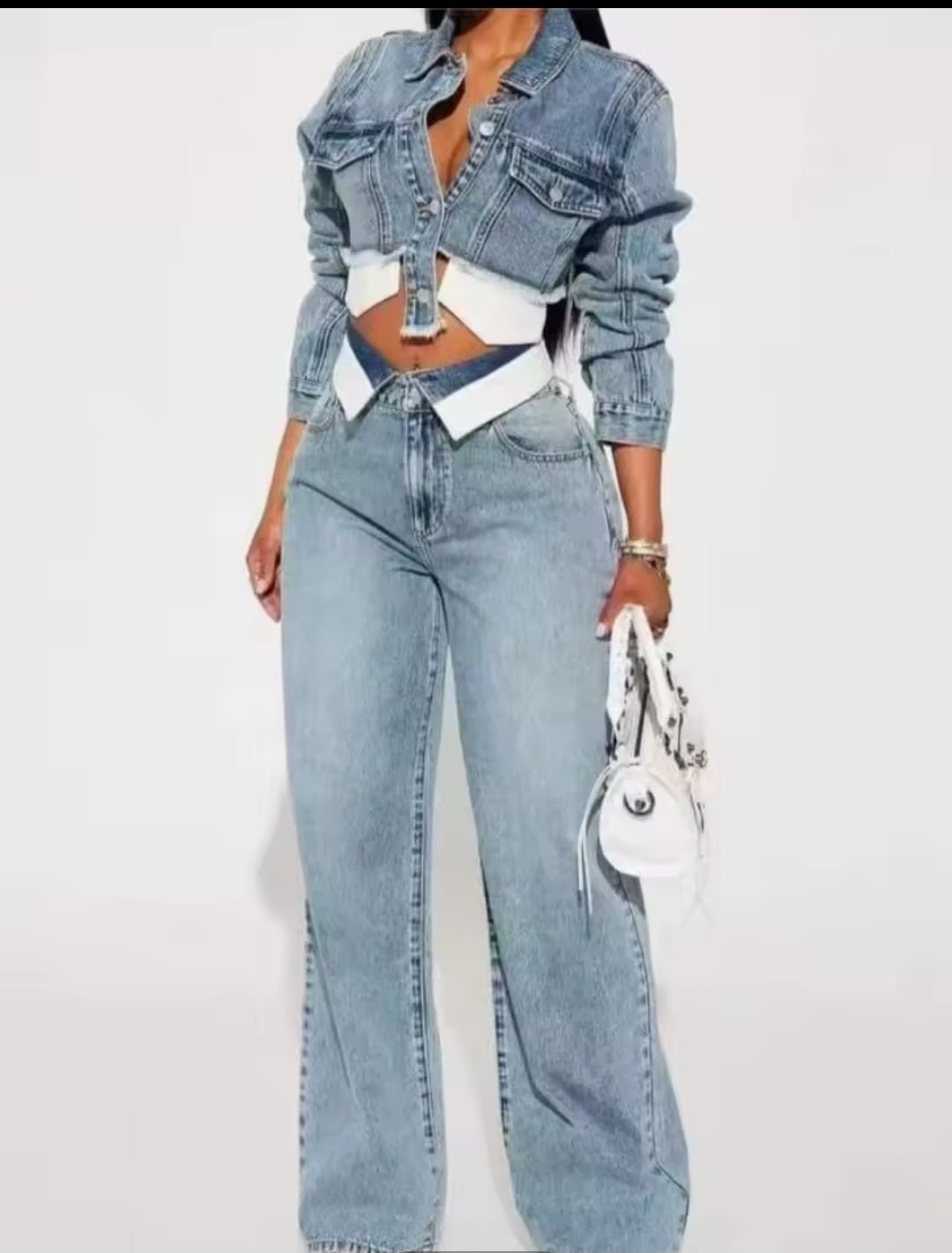 Streetwear Denim 2 - Piece Tracksuit Set | Long Sleeve Jacket & Straight - Leg Jeans - GLITCH - BELLE