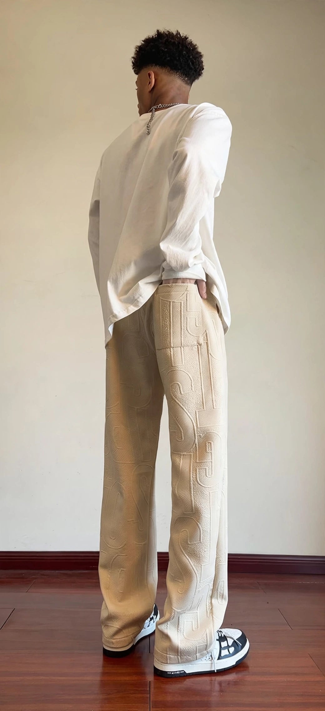 Men's Straight Leg Jacquard Trousers – Elastic Waist Casual Pants