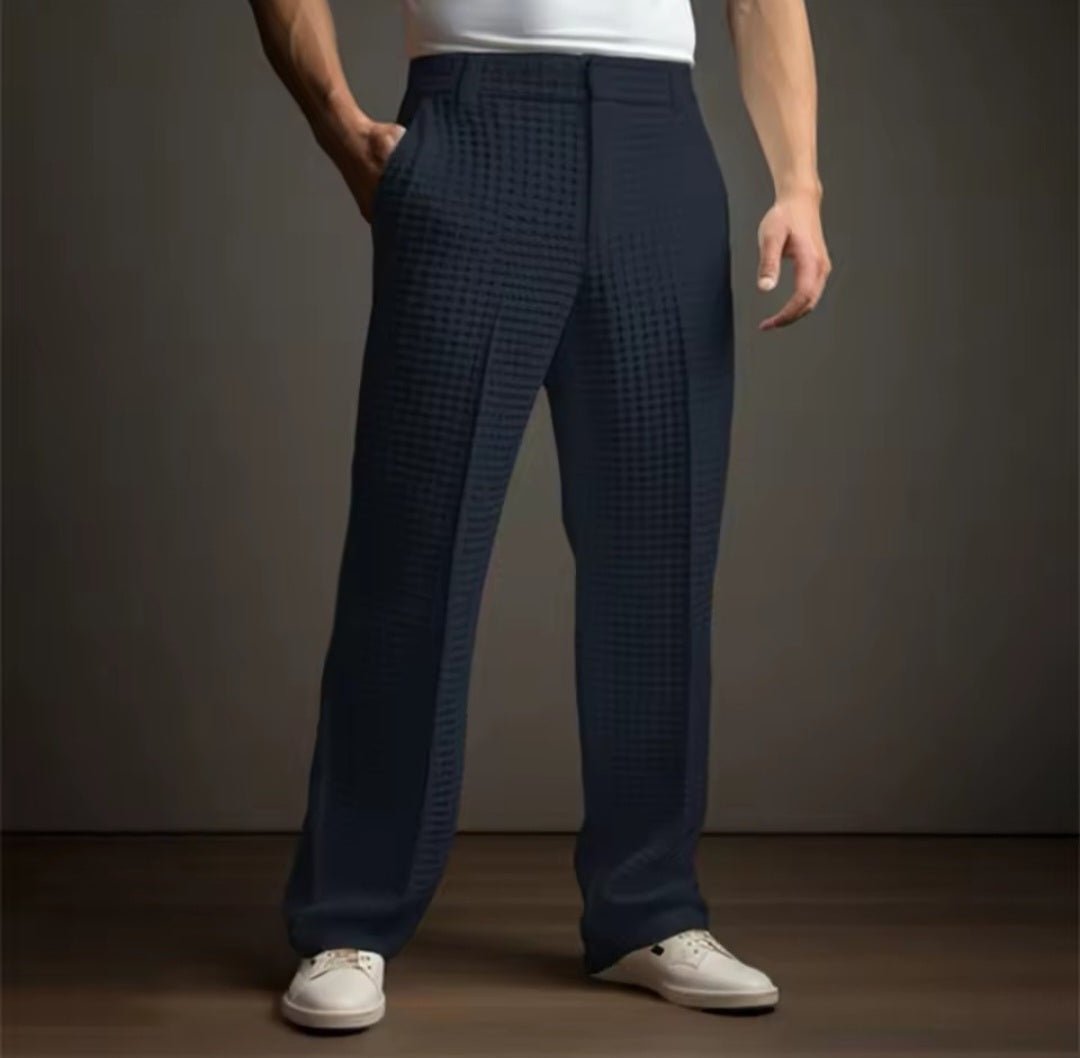 Men's Elegant Waffle Suit Pants – Solid Loose Straight Trousers | Business Casual & Vacation - GLITCH - BELLE