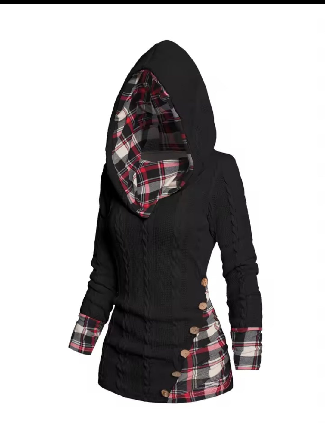 Twisted Cable Knit Plaid Hooded Pullover Sweater – Women's Casual Long Sleeve Top - GLITCH - BELLE