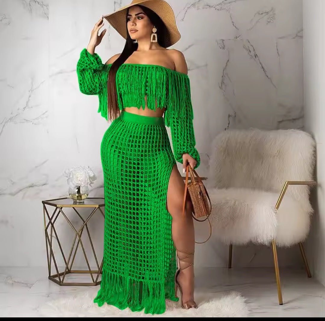 Skirt 2 Piece Set Women Beach Long Skirts Suit Top Off Shoulder Tassels Sexy Hollow Out Ensemble 2025 Summer Female Outfits - GLITCH - BELLE