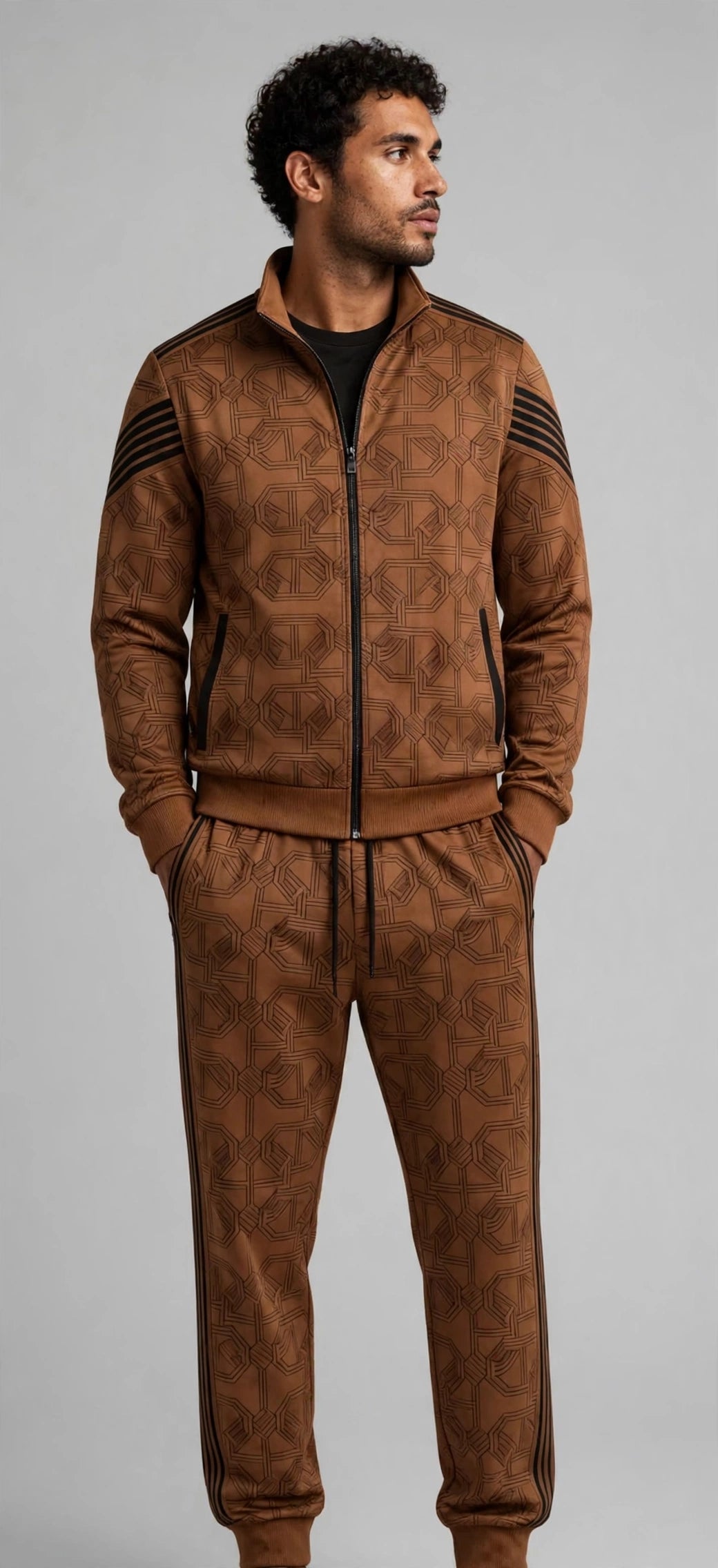 Men's Premium Urban Tracksuit Set – Stand Collar, Geometric Pattern, Plus Size