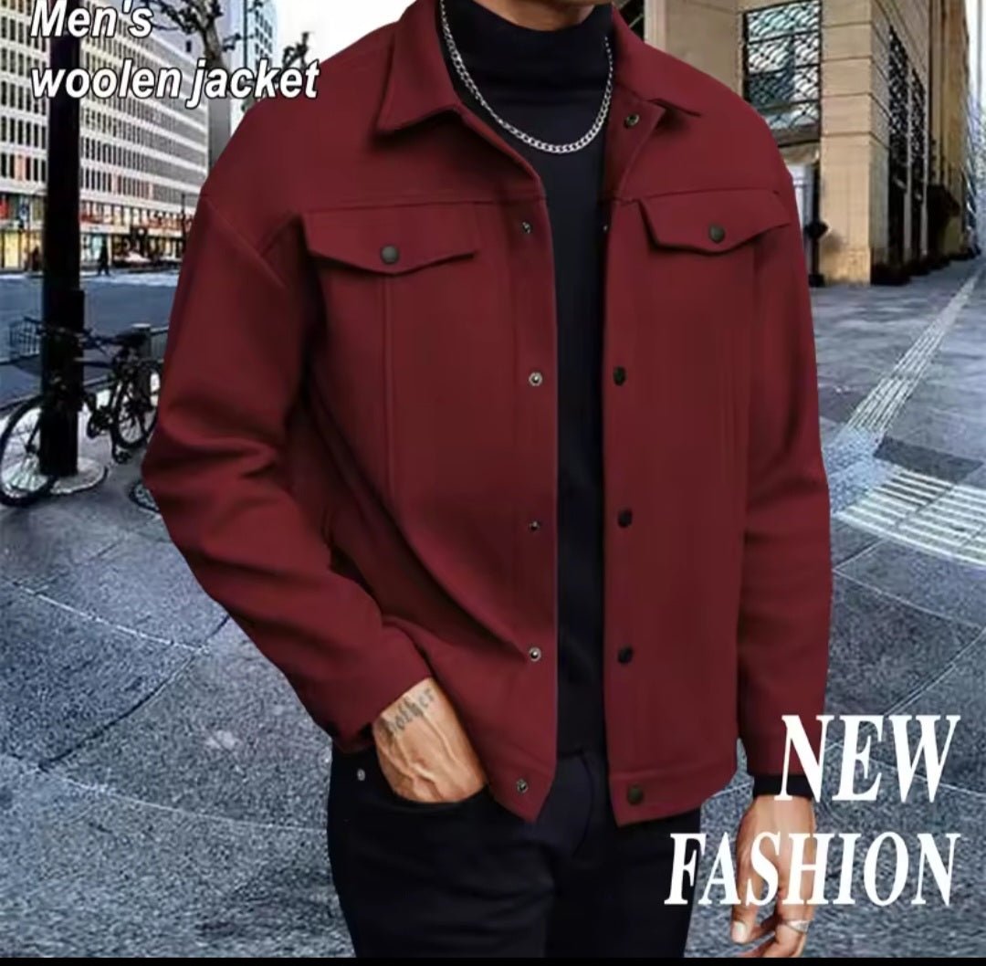 Men's Wool Collar Short Jacket – Business Casual Cardigan with Chest Pocket - GLITCH - BELLE