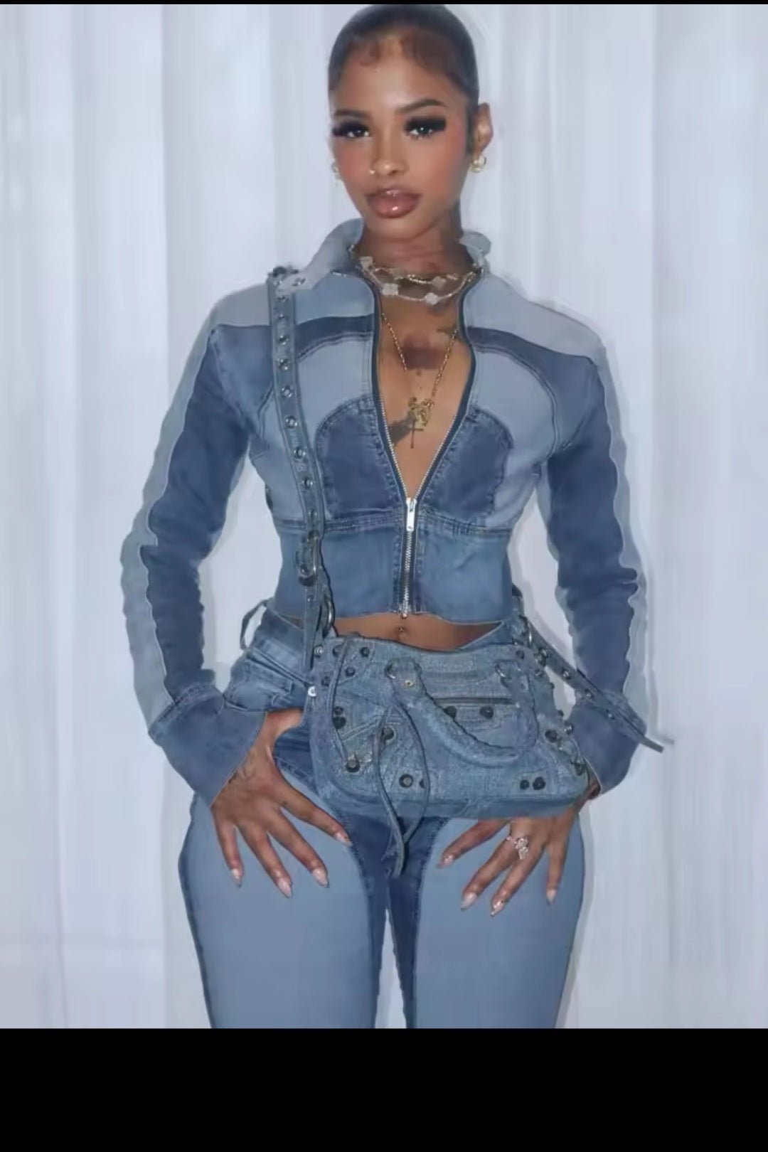 Streetwear Denim Two - Piece Set – Jacket & Trousers - GLITCH - BELLE