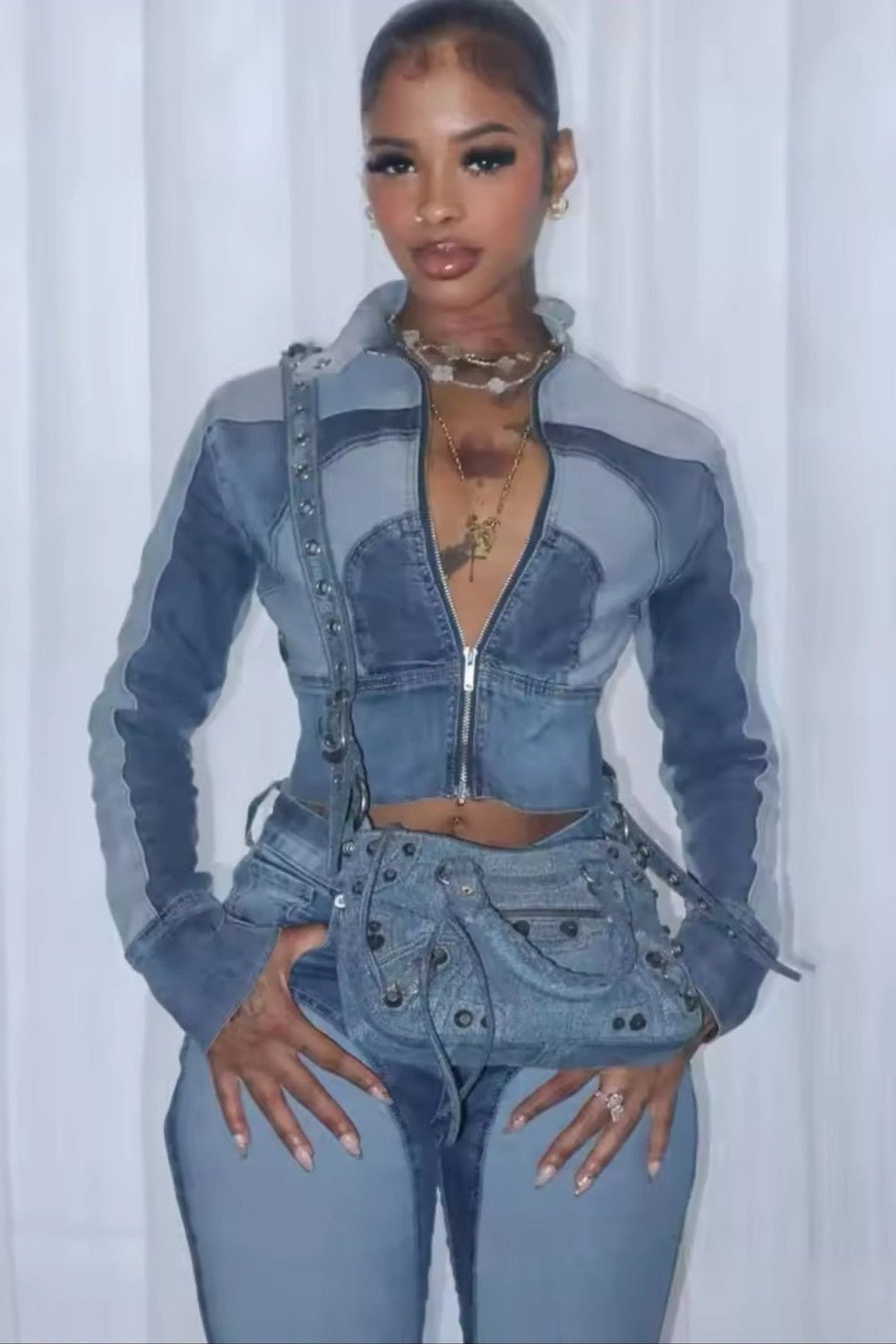 Streetwear Denim Two-Piece Set – Jacket & Trousers - GLITCH-BELLE