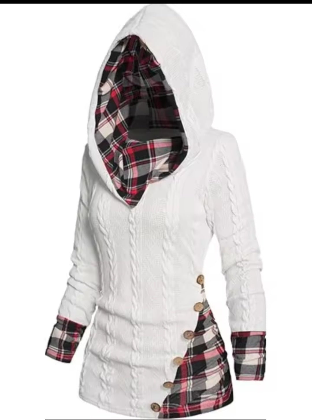 Twisted Cable Knit Plaid Hooded Pullover Sweater – Women's Casual Long Sleeve Top - GLITCH - BELLE