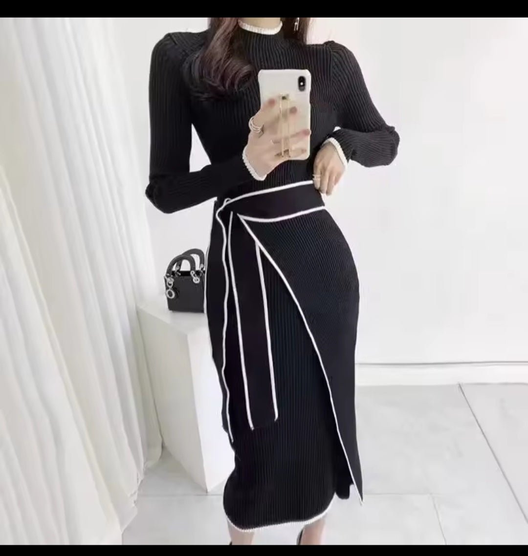 Retro Knitted Bodycon Dress – Women's Korean Fashion Half High Collar Lace Up Elegant Sweater Dress Autumn Winter - GLITCH - BELLE