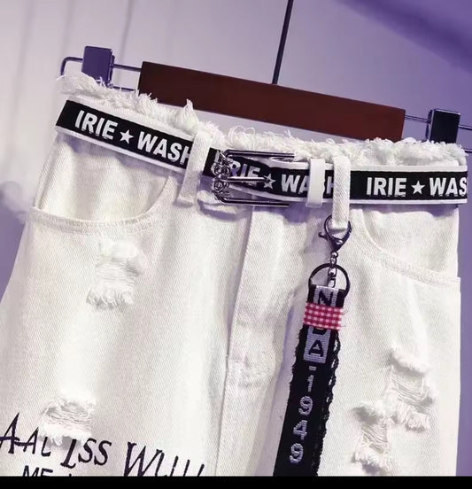 White distressed jeans with black 'IRIE WASH' waistband and keychain on a white background