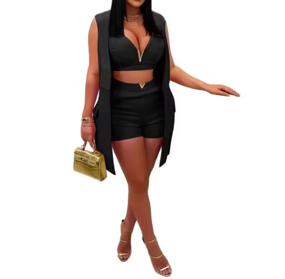 3 - Piece Sleeveless Blazer Crop Top & Shorts Matching Set – Women's Sexy Summer Spring Fashion Suit 2025 - GLITCH - BELLE
