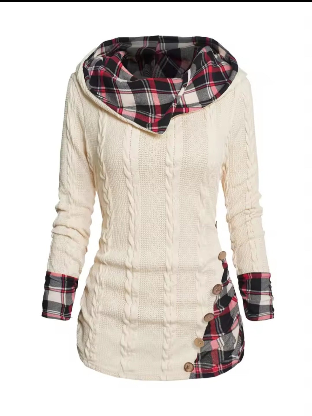 Twisted Cable Knit Plaid Hooded Pullover Sweater – Women's Casual Long Sleeve Top - GLITCH - BELLE