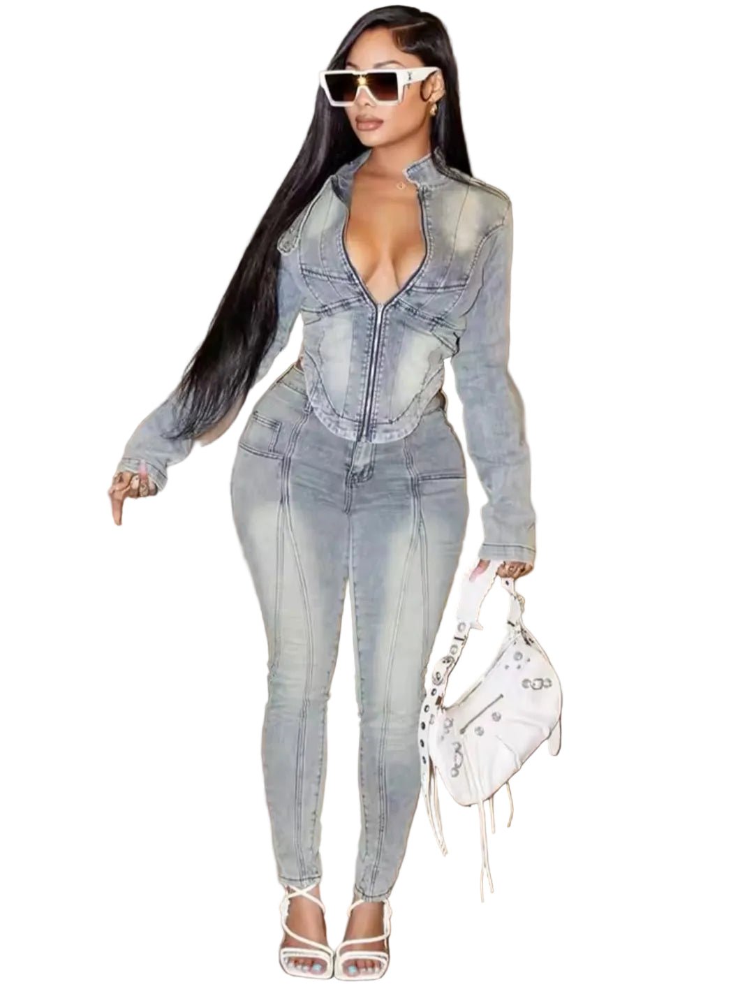 Denim Hipster 2 - Piece Set | Irregular Jacket & High - Waist Trousers - GLITCH - BELLE