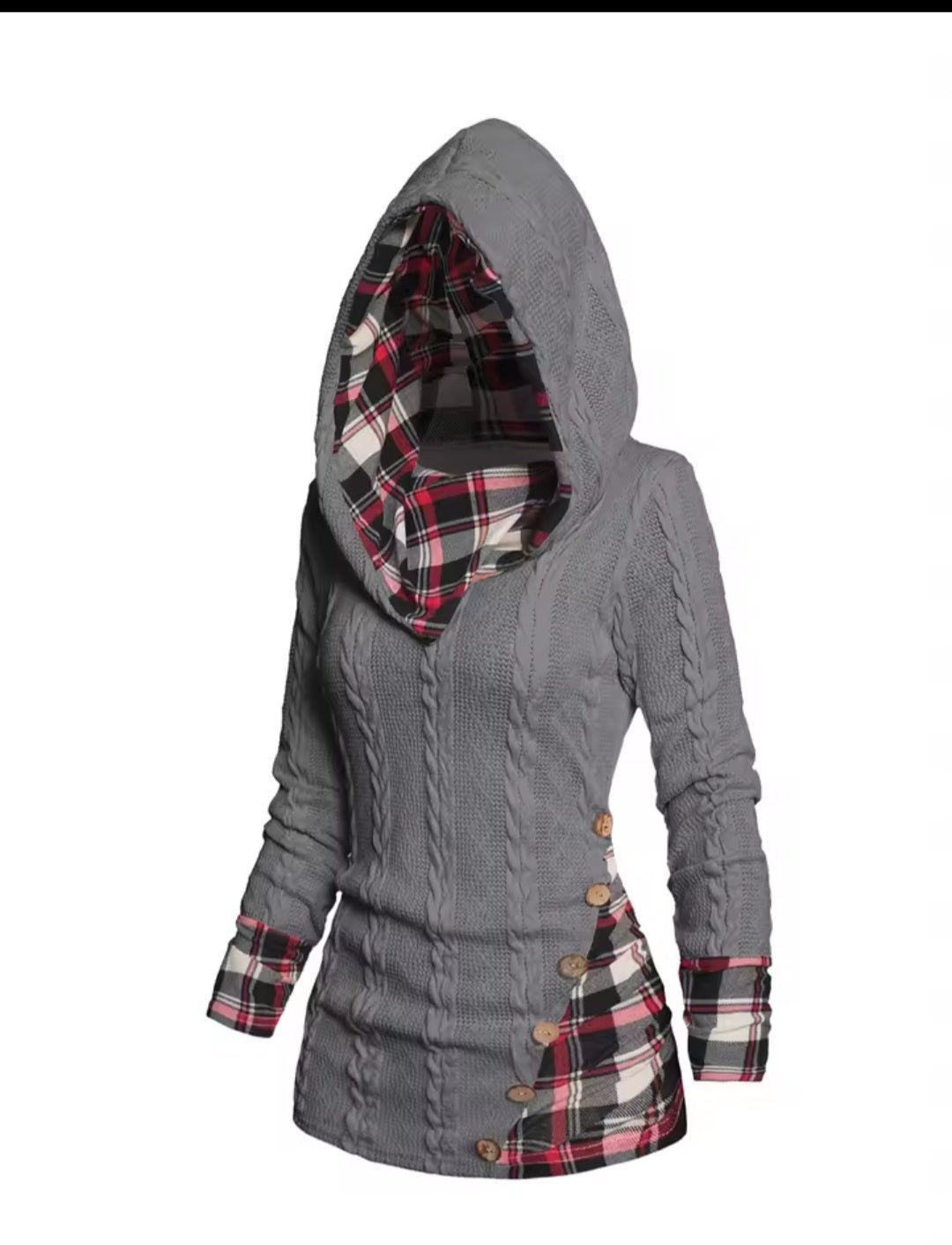 Twisted Cable Knit Plaid Hooded Pullover Sweater – Women's Casual Long Sleeve Top - GLITCH - BELLE