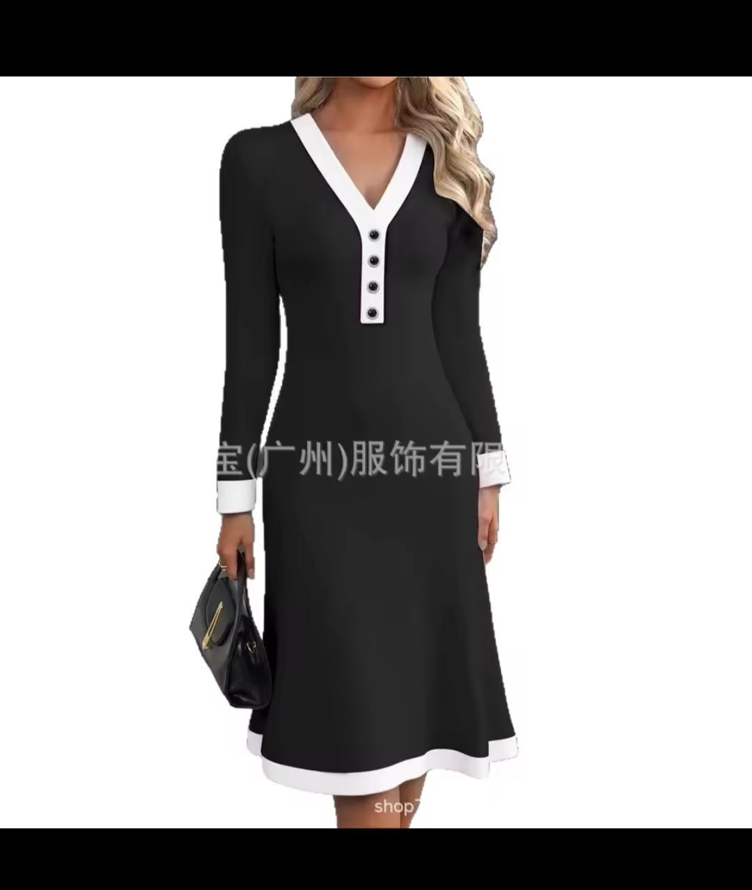 Color - Block Button V - Neck Long Sleeve Slim Maxi Dress – Women's Elegant Office Dress 2026 - GLITCH - BELLE