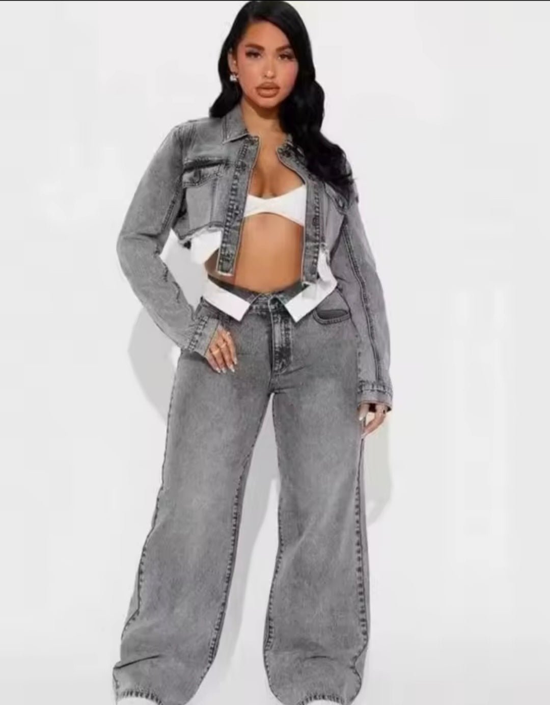 Streetwear Denim 2 - Piece Tracksuit Set | Long Sleeve Jacket & Straight - Leg Jeans - GLITCH - BELLE